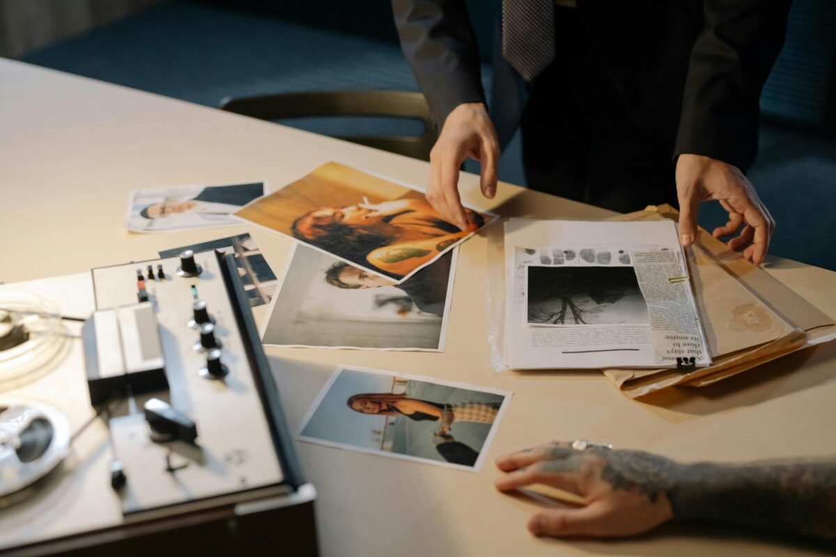 Evidence items laid out on a table, including photographs and documents.